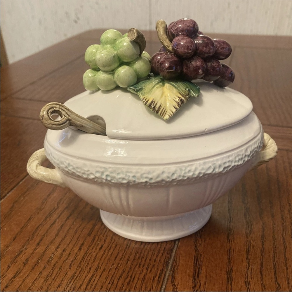 Vintage Porcelain Ceramic Sugar Bowl with Grape Design